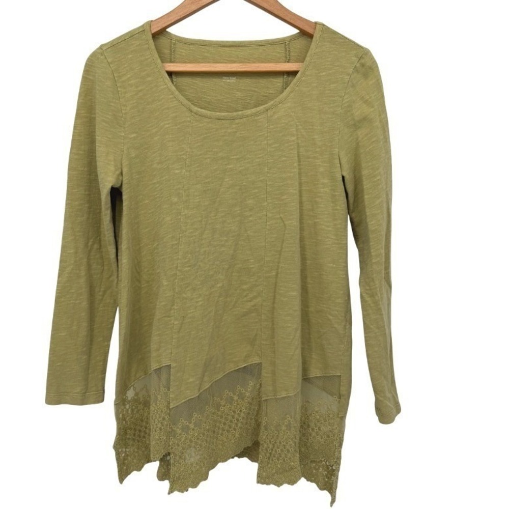 Soft Surroundings Tunic Top Green Lace Trim‎ Cotton Slub Boho Whimsical Size SP